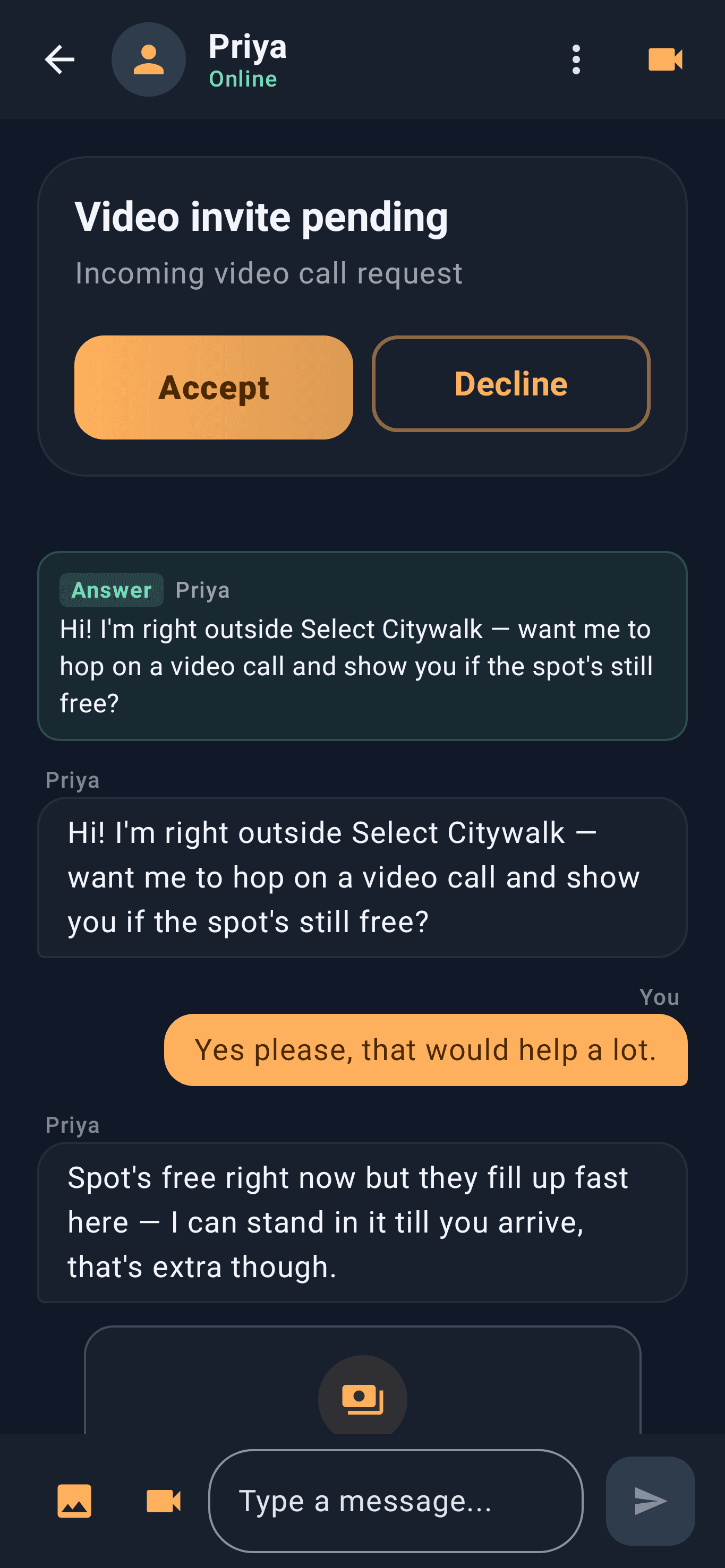 Chat with live video call and mid-chat payment requests