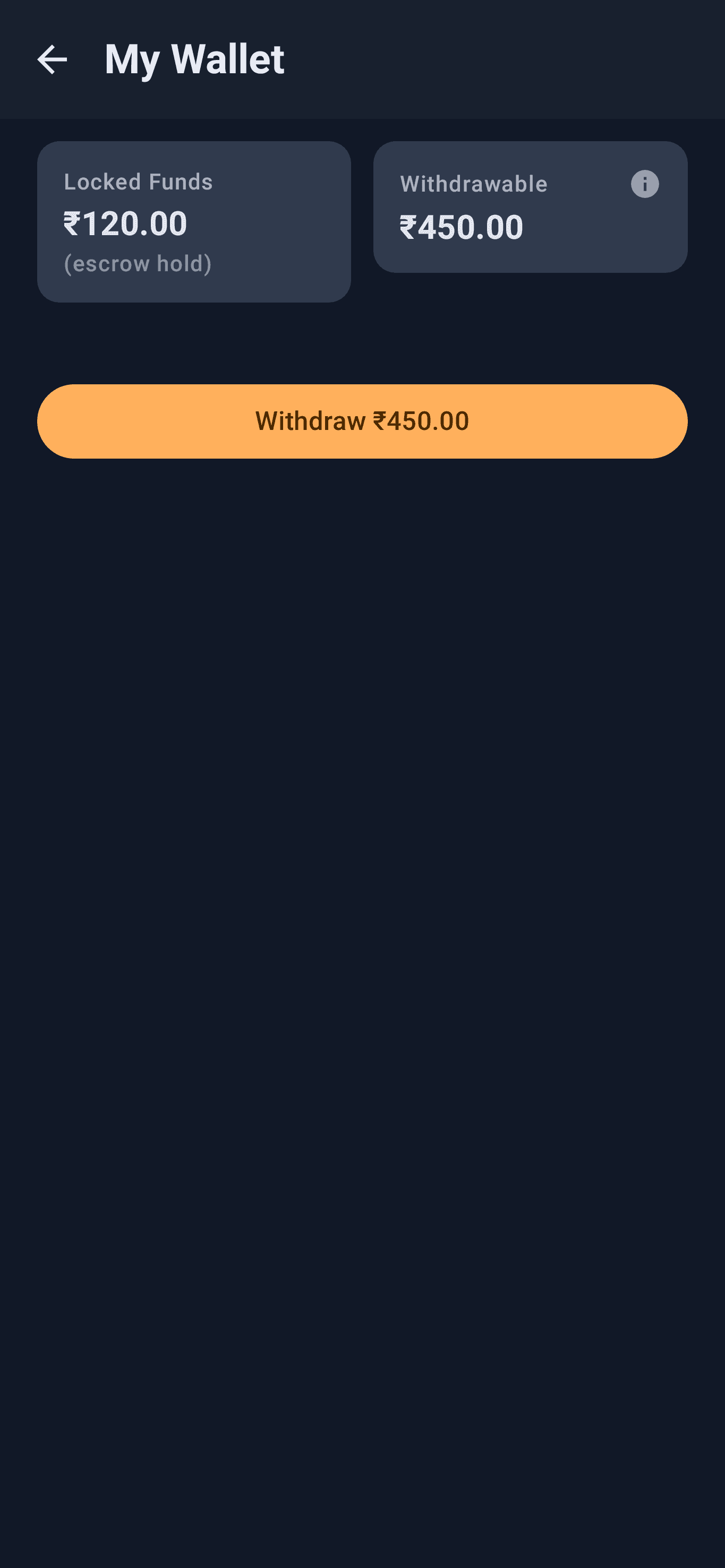 Wallet screen showing withdrawable balance